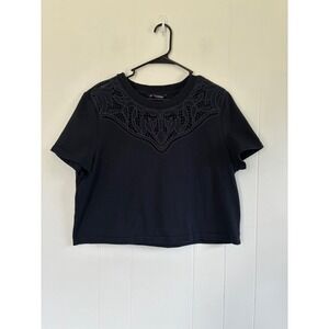 Veronica Beard Navy Blue Eyelet Lace Yoke‎ Short Sleeve Top Boxy Crew Neck